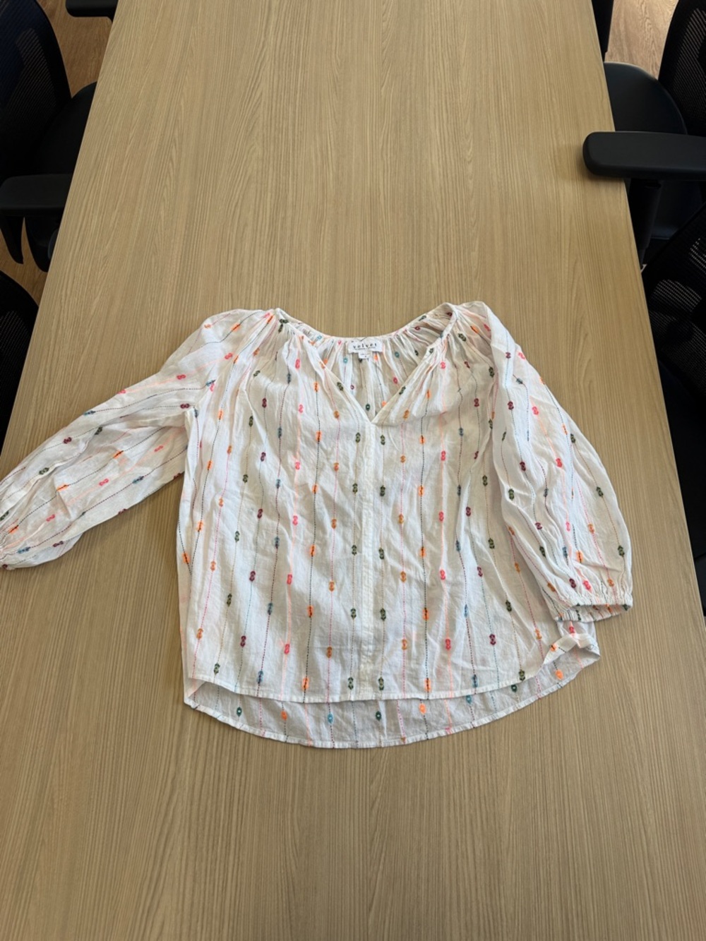 Women's White Embroidered Peasant Top with Multi-Color Accents